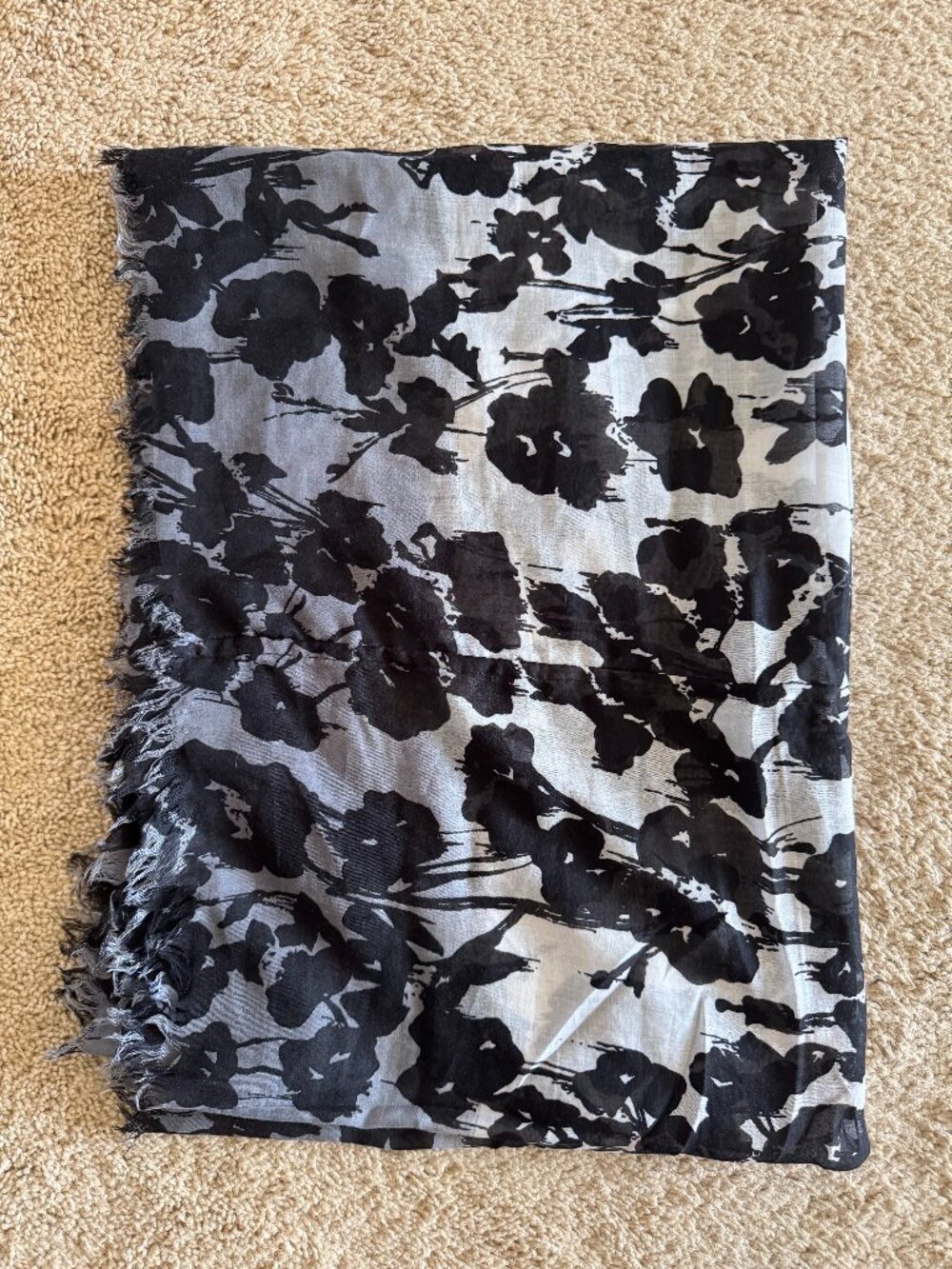 Black Gray White Floral Fringe Scarf